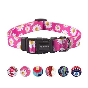 Imagem de QQPETS Coleira de cachorro macia ajustável: estampa floral rosa multicolorida padrões fofos para PP pequeno médio grande animal de estimação menina menino filhote de cachorro andando corrida treinamento (M, pequenas margaridas)