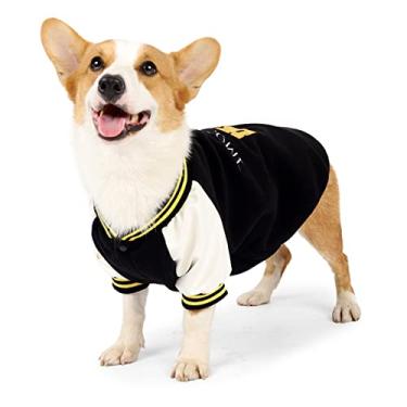 Imagem de Foern Roupa esportiva quente para cães com capuz para animais de estimação com roupa de beisebol Snap Clousure para outono e inverno, camiseta para cães pequenos e médios, preta, M: 58 cm/22,8 pol