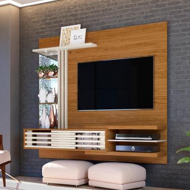 Imagem de Painel Home Suspenso Para TV Até 55&quot; 2 Portas Espelho Luz LED Sala de Estar Madetec Marrom Off White