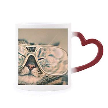 Imagem de Óculos de animal com foto de gato e caneca sensível ao calor, caneca de grés que muda de cor vermelha