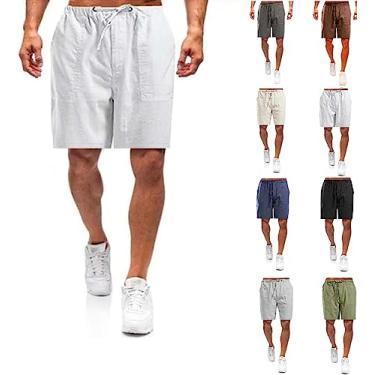 Imagem de Shorts masculinos casuais de linho, shorts masculinos casuais de linho de algodão com cordão e bolsos, shorts de praia de verão (White,Large)