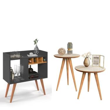 Imagem de Aparador Buffet Bar com Adega Rubi e Conjunto de Mesas Apoio e Lateral Classic Retrô - Quality Móveis (KITCINZA-NATURE)