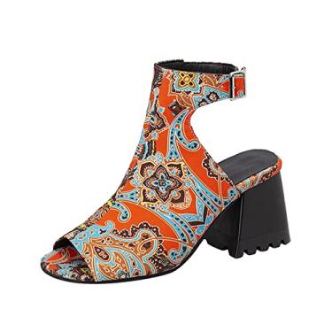 Imagem de Sandálias femininas tamanho 5 cores flocado oco bico aberto grosso salto alto fivela sandálias romanas, Laranja, 6.5