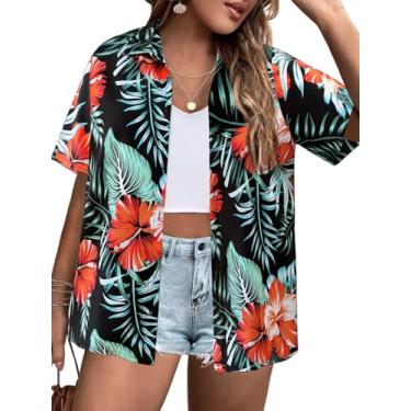 Imagem de IN'VOLAND Camisetas femininas plus size havaianas de verão com estampa floral trópica macia com botões e manga curta, Laranja e floral, 17 Plus Size