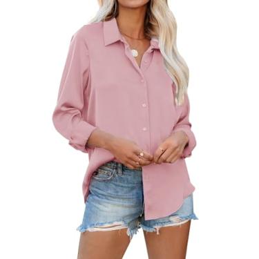 Imagem de siliteelon Camisas femininas de botão, manga comprida, sem rugas, gola para trabalho, escritório, blusas de chiffon, Rosa camelo, 3G