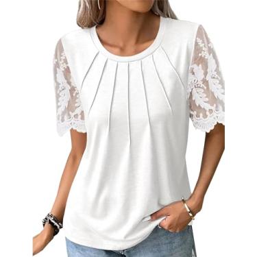 Imagem de Camisetas femininas 2024 fashion gola redonda sexy renda patchwork manga curta verão casual blusas tricotadas, Branco, P