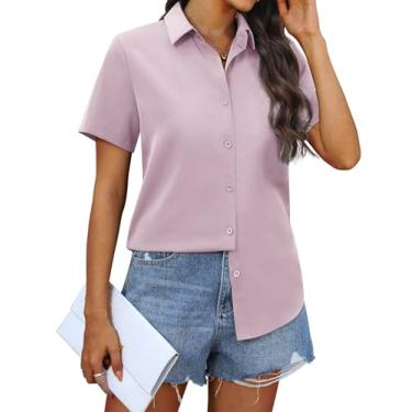 Imagem de siliteelon Camisas femininas de chiffon de botão de manga curta para mulheres, casuais, abotoadas, blusas, rosa, PP