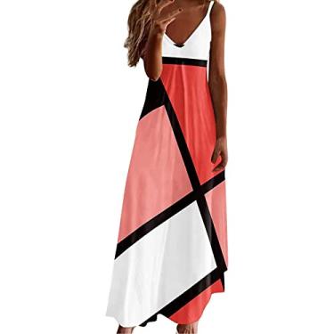 Imagem de Lainuyoah Vestidos de verão elegantes para mulheres 2024 decote em V alças finas vestido maxi rodado boho tie dye verão franzido vestidos sling, Vermelho, P