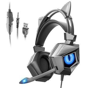 Imagem de iilike Fone de ouvido para jogos para PC com microfone com cancelamento de ruído, fones de ouvido de computador com microfone para PC, PS4/PS5, Xbox One, laptop, driver de 40 mm, espuma macia, luz