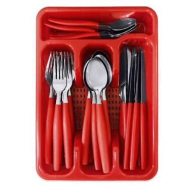 Imagem de Faqueiro Jogo De Talheres Inox C/ Porta Talher Com 25 Peças Cor Vermel