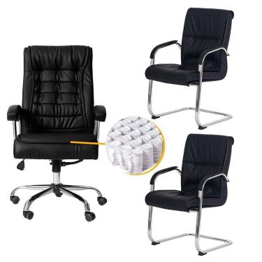 Imagem de Kit Cadeiras De Escritório, 1 Cadeira Presidente Munique Big + 2 Fixas Preta - Waw Design