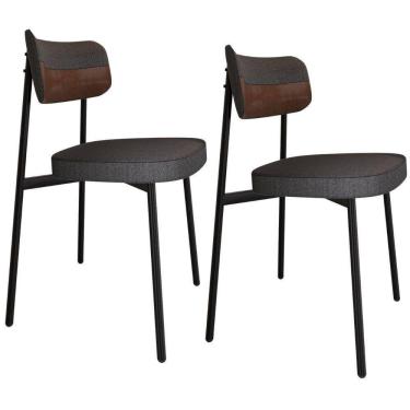 Imagem de Kit 02 Cadeiras Estofada Para Sala De Jantar Astrid Preto C01 Linho Preto Courino Whisky - Lyam Decor