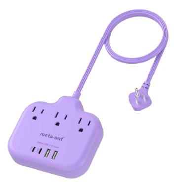 Imagem de meta-ant Cabo De Extensão Roxo - 1,5 M Plano Com 3 Tomadas Ca E 4 Portas Usb (2 Usb-C), Filtro Linha Aprovado Para Cruzeiros 1625 W, Acessórios Mesa Fofos Kawaii Viagens, Escritório, Dormitório, Coz