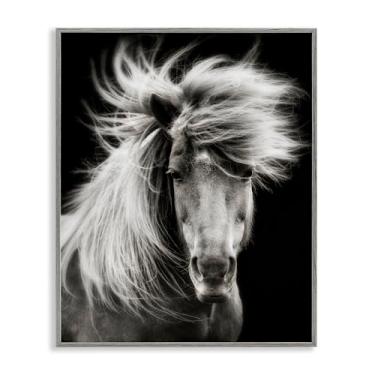 Imagem de Stupell Industries Cavalo de crina soprado pelo vento em preto cinza emoldurado Giclee Art Design por PHBurchett, 40,6 x 50,8 cm
