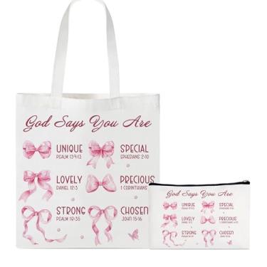 Imagem de Huyryer Material de volta às aulas para meninas adolescentes, Christian Coquette Cute Pink Bow Canvas Bible Tote Bolsa de Maquiagem Conjunto de 2 para Mulheres, Feminino, Preppy Trendy Stuff