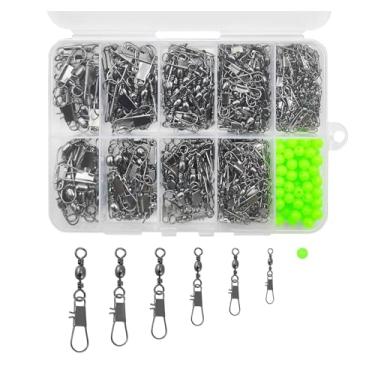 Imagem de 200 peças, 7 tamanhos, barril de pesca, giratório, com conector de linha de isca, anéis sólidos e contas luminosas para acessórios de pesca de robalo de água salgada de água doce, tamanhos