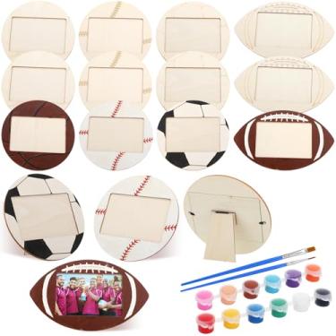 Imagem de DoubleFill Kit de artesanato com tema de pintura Paint Your Own Sport, 12 pacotes de 12 x 19 cm, molduras de madeira, futebol, basquete, beisebol, com conjunto de ferramentas de pintura, para presente