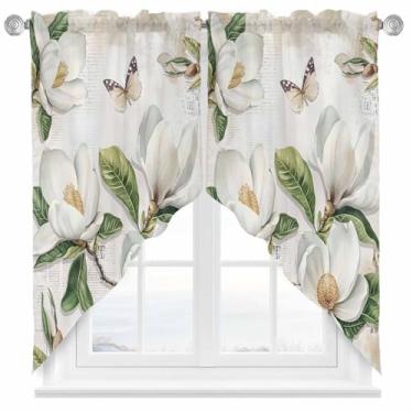Imagem de Saia de cortina rústica Swag 71 cm x 91 cm para cozinha de fazenda, magnólia em aquarela, floral, 2 painéis, bolso para varão, janela pequena, par de saia para quarto, sala de estar, banheiro, flor