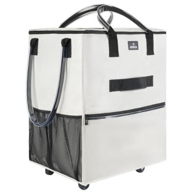 Imagem de Bolsa de compras reutilizável com rodas, sacola de compras dobrável, carrinho de compras com zíper superior, alças resistentes, leve, carrega até 21 kg, médio, bege