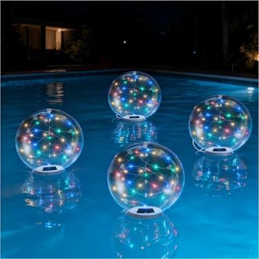 Imagem de Luzes flutuantes de piscina – Bolas flutuantes infláveis à prova d'água alimentadas por energia solar de 35,5 cm com LEDs RGB para decoração de festa, pátio externo (pacote com 4)