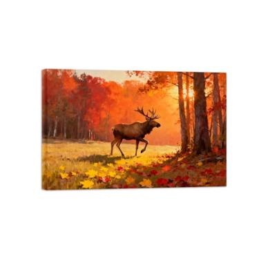 Imagem de Quadro arte parede outono-Árvore pastagem veado Impressões em tela paisagens-Pintura animais para decoração sala estar 20x30cm Tela Embrulhada
