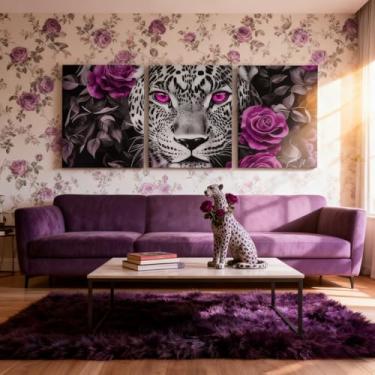 Imagem de Arte de parede em tela de chita Magenta rosa magenta, impressão de leopardo preto e branco arte de parede emoldurada para sala de estar, pinturas de arte em tela de flores de animais africanos 3 peças