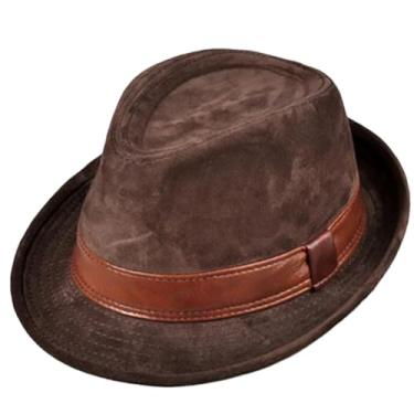 Imagem de Chapéus Fedoras masculinos de couro genuíno camurça pele de vaca nobuck marrom chapéu feminino cavalheiro masculino jazz hip pop bonés, Marrom, 57 cm