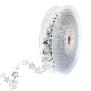 Imagem de Verkelly 1 rolo de fita de estrela de prata brilhante de 16,4 metros – Enfeite de fita de poliéster brilhante para casamentos, aniversários, artesanato DIY, embrulho de presente e decoração