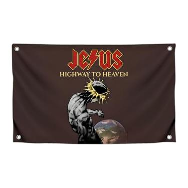 Imagem de Bandeiras engraçadas de poliéster de Jesus com citação "Jesus Highway To Heaven" - Meme Cool Bandeira de um lado com 4 ilhós de latão - Decoração de parede de quarto de Cristo - Banner de Meme Cool