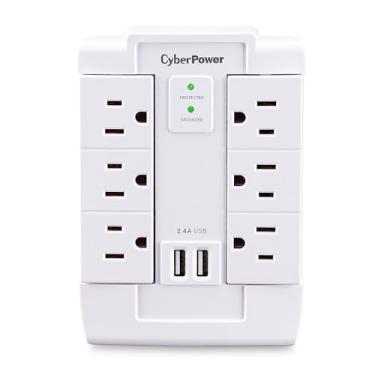 Imagem de CyberPower Csp600Wsurc2 Surge Protector, 1200J / 125V, 6 Outlets Giratórios, 2 Portas De Carregamento USB, Design De Torneira De Parede Versão Branca