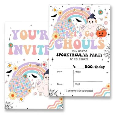 Imagem de VIYZZX Convites de festa de aniversário de Halloween Groovy Halloween Spooky Birthday Convites Groovy Rainbow Ghost Convites com envelopes conjunto de 20, preencha em branco, dupla face