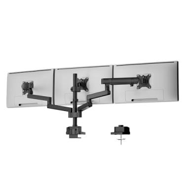 Imagem de monTEK Suporte de monitor triplo para telas de computador de 68.6 cm, suporte de mesa de 3 monitores com portas USB, cada braço comporta até 9 kg, braço de mesa de três monitores com giro, inclinação