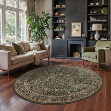 Imagem de Bavni Tapete redondo de 1,8 m lavável à máquina, antiderrapante, para quarto, 15 x 15 cm, tapete floral vintage envelhecido para sala de estar, berçário, cozinha, banheiro, verde escuro/multi