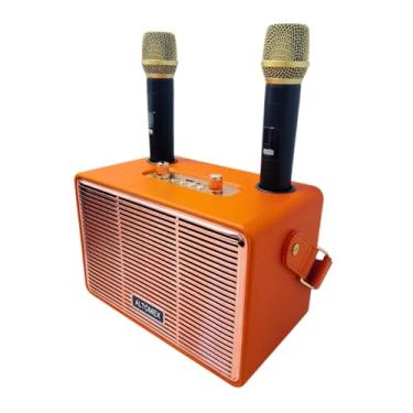 Imagem de Caixa de Som Karaokê Bluetooth, 100W PMPO, 2 Microfones Sem Fio, 20W RMS, Entrada USB, FM, TWS, Disponível em Preto, Laranja, Marrom, Rosa (Laranja)