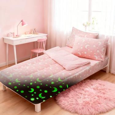 Imagem de A Nice Night Conjunto de edredom de pelúcia com zíper e lua estrela brilha no escuro para crianças, solteiro, rosa