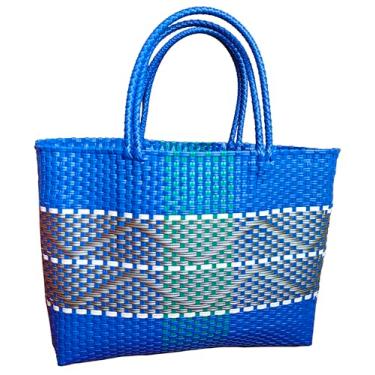 Imagem de YY GEWETAO Super sacola feminina tecida à mão, bolsa de ombro de plástico reciclado, bolsa de praia de verão, bolsa de natação para piscina, Azul, One Size