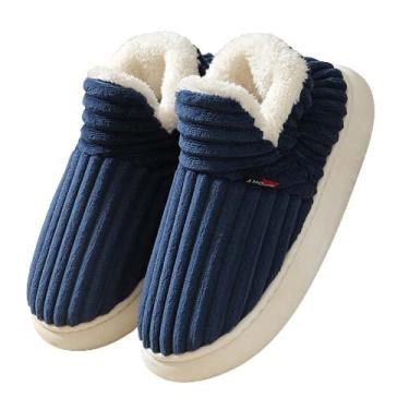 Imagem de Caistre Pantufa feminina masculina de pelúcia, quente, para ambientes internos e externos, confortável, forrada com lã, espuma viscoelástica e sola antiderrapante, Azul marino, 6-7 Women/5-6 Men
