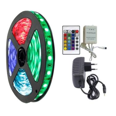 Imagem de Fita Led Rgb 5050 Rolo 5m Com Fonte 12v 5a E Controle Remoto