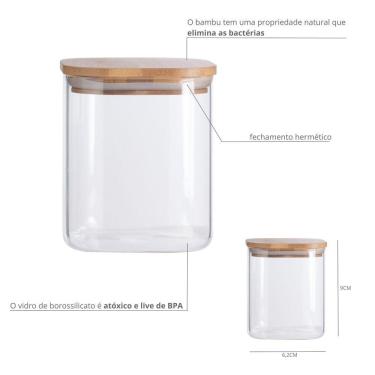 Imagem de Pote De Vidro Com Tampa De Bambu Oikos 200ml Hermético Quadrado