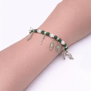 Imagem de Pulseira Orixá Caboclo Verde e Branca  Proteção  Força  Equilíbrio - E