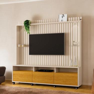 Imagem de Home Theater Absoluto Ripado para TV Até 60 Polegadas 190cm MDF-MDP com LED Off White e Naturalle Carmolar Móveis