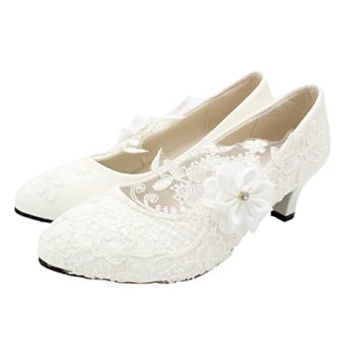 Imagem de Sandálias de bico fechado com renda floral, sapatos de festa de casamento, salto baixo, bico fechado, sapatos de noiva pontiagudos, salto grosso, renda, cetim (5 cm), Branco, 7