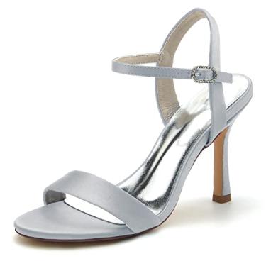 Imagem de Sapatos de noiva femininos Chunky Peep Toe salto alto acetinado marfim sapatos sapatos sociais 36-43,Silver,10 UK/43 EU