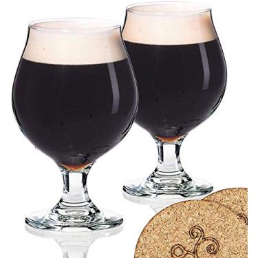 Imagem de ECODESIGN-US Copos de cerveja estilo belga tulipa - 473 ml - conjunto de 2 com porta-copos - presente de festa de despedida de solteiro de aniversário