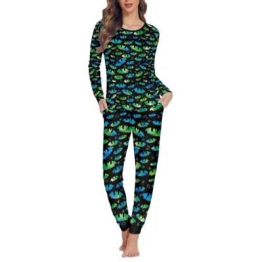 Imagem de Gzzxiailg Conjunto de pijamas femininos com bolsos, camisetas com calças de comprimento total roupa de dormir 2 peças para senhora PP-6GG, Morcegos verdes, G
