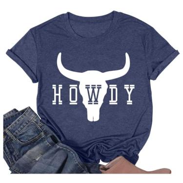 Imagem de Camiseta Howdy Cowgirl feminina Western Vintage Country Southern Graphic Howdy Rodeo camisetas casuais de manga curta, Fnt0014-azul, G