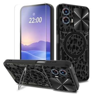 Imagem de Capa para Motorola G 5G 2023, design de estampa de leopardo preto para Motorola Moto G 5G (2023, 2,5 polegadas) com protetor de tela + capa deslizante para câmera + suporte de anel