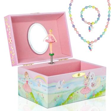 Imagem de Taduoduo Caixa de joias musical infantil para meninas - Caixa de armazenamento com glitter e conjunto de joias - Presentes de aniversário de balé para meninas, tema bailarina - Swan Lake Tune Pink, 15