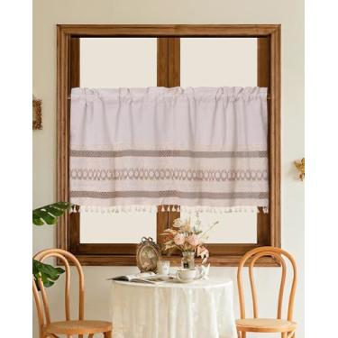 Imagem de BOYOUTH Cortina de saia curta listrada marrom e geométrica de linho e algodão, cortinas com bolso de varão para cozinha, sala de jantar, café, banheiro decoração de janela pequena, 140 x 61 cm, 1