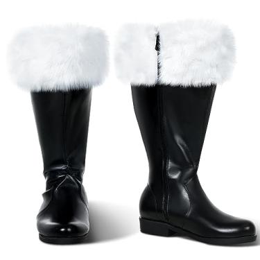 Imagem de Liitrsh Botas de Natal Papai Noel Botas de Papai Noel Botas pretas de pelúcia branca punhos pés para fantasia de Natal de Halloween, Preto e branco, 12-13